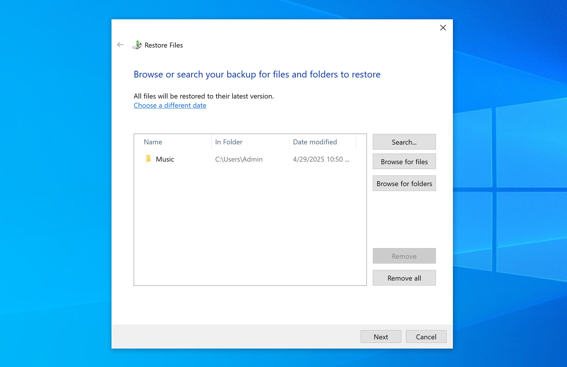 browse for folders in backup and restore