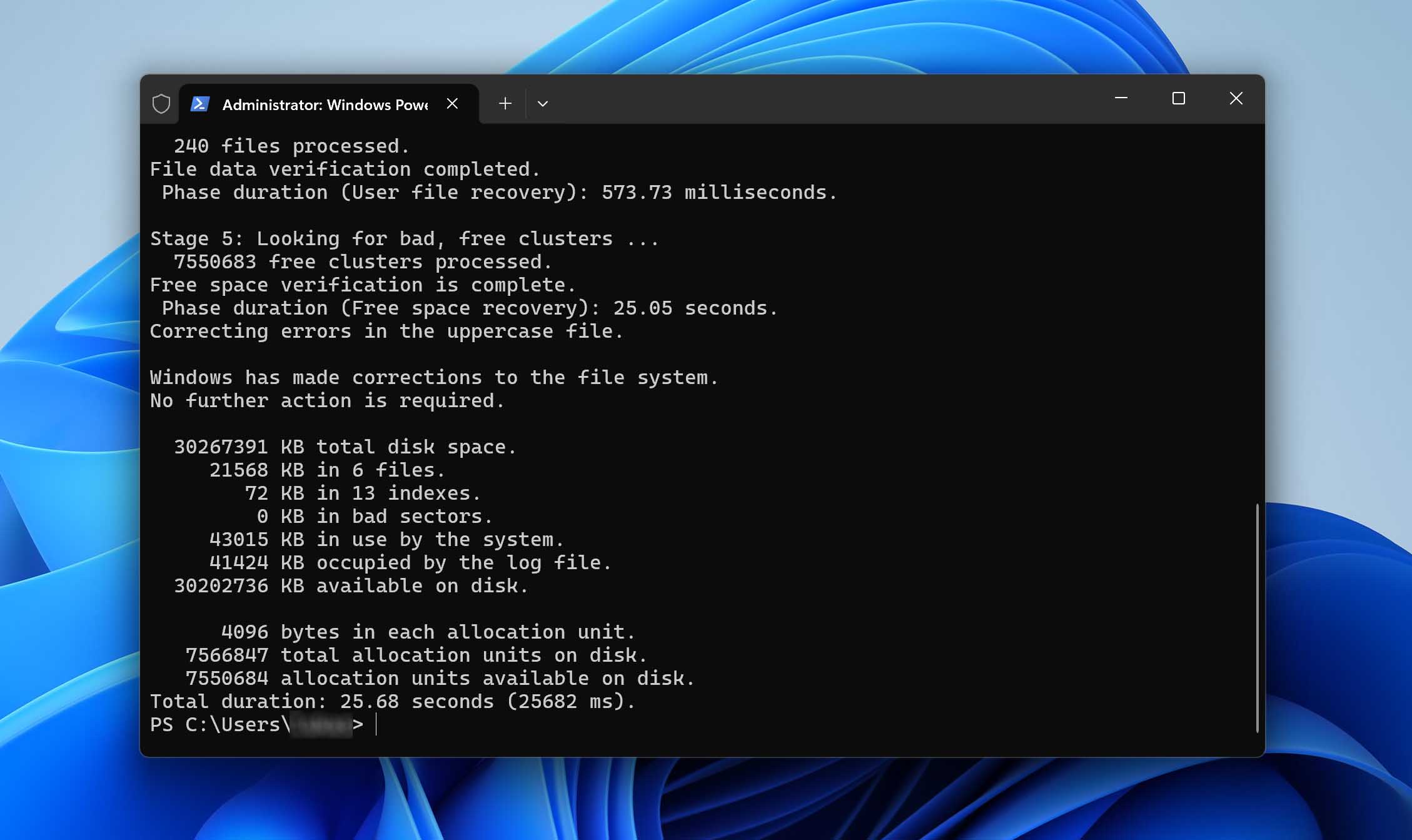chkdsk command result