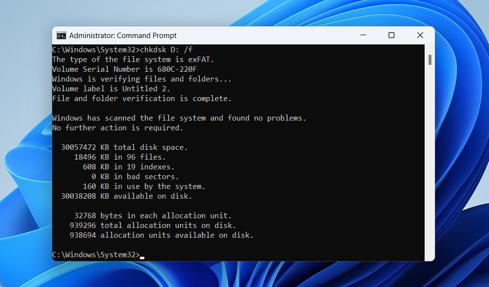 chkdsk command results