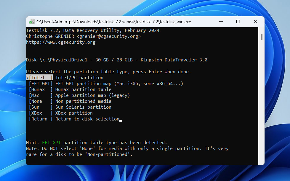 choose partition table type