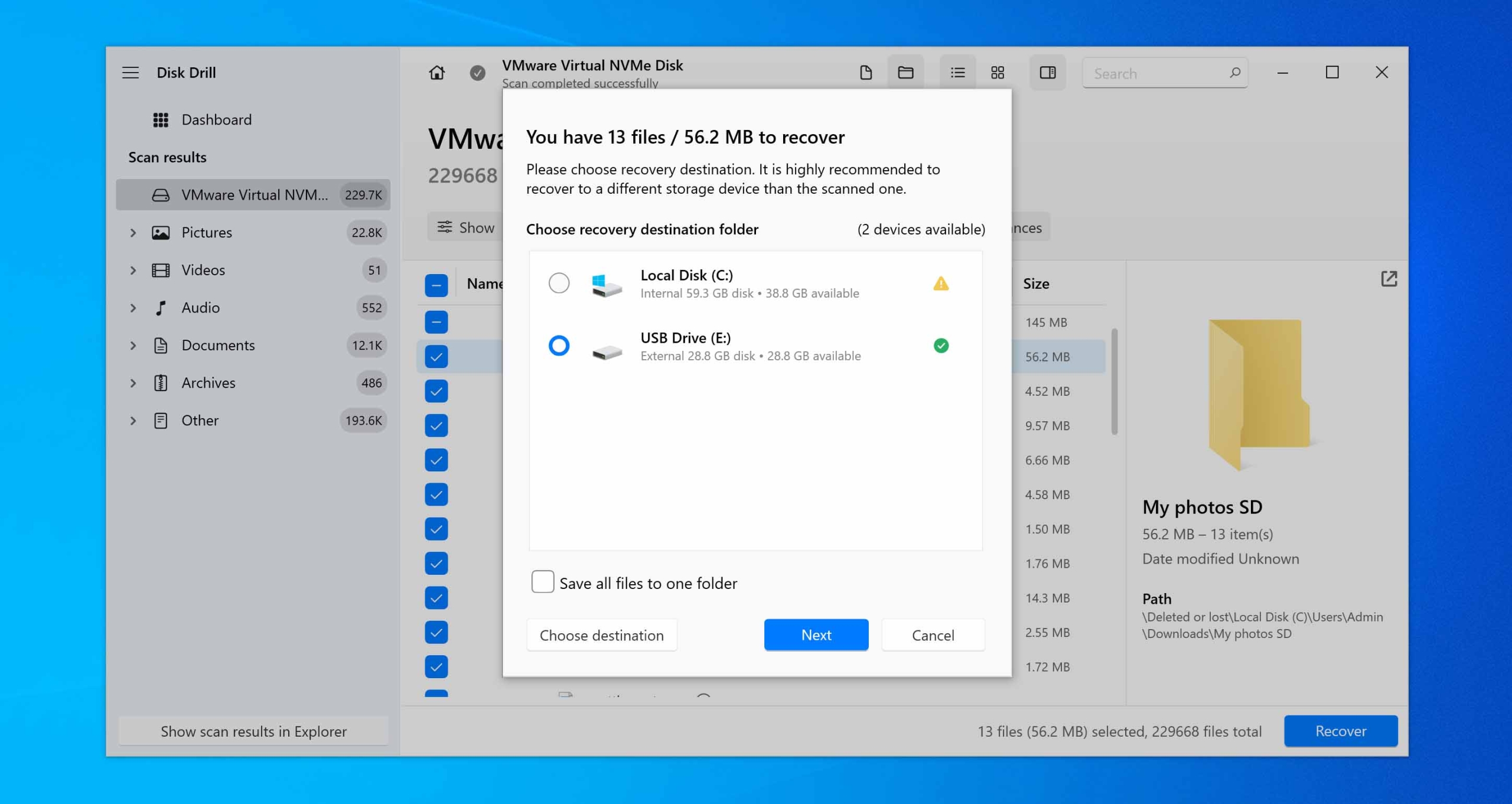 choose recovery path for folder