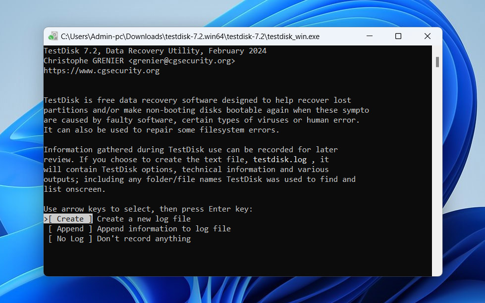 create log file in testdisk