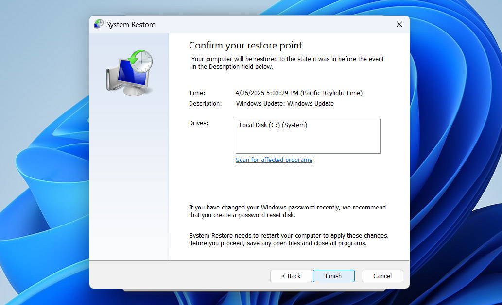 finish system restore
