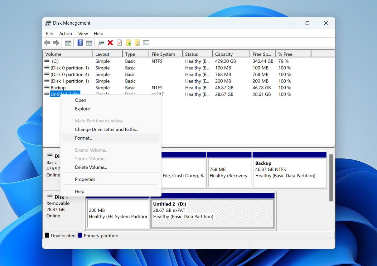 select format option in disk management