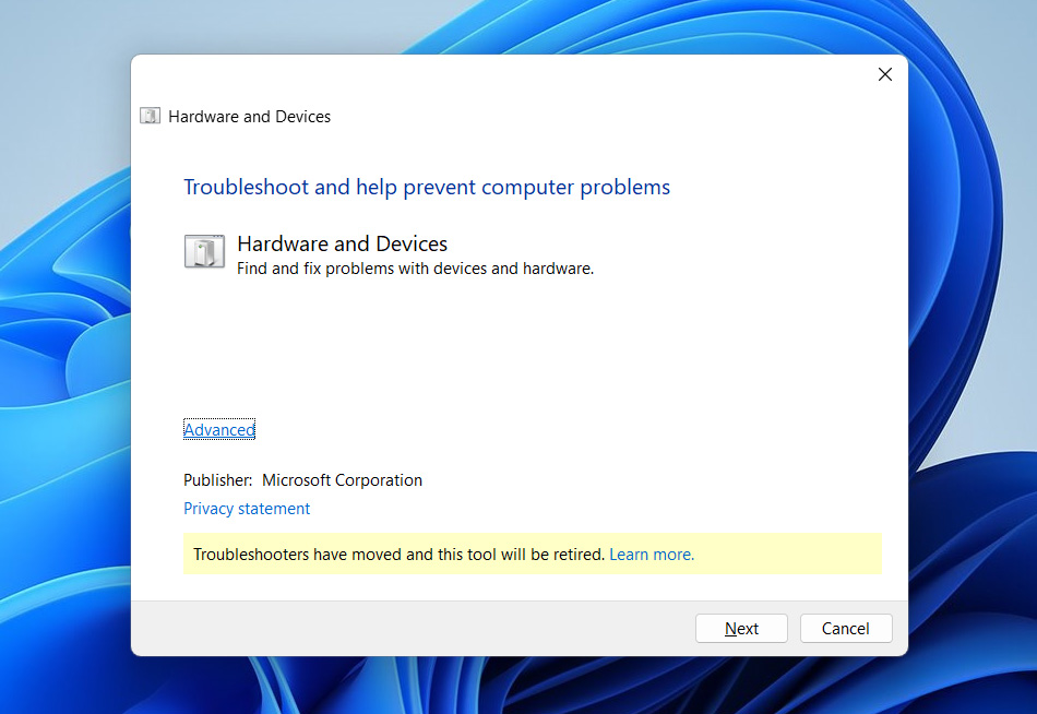 use hardware and devices troubleshooter