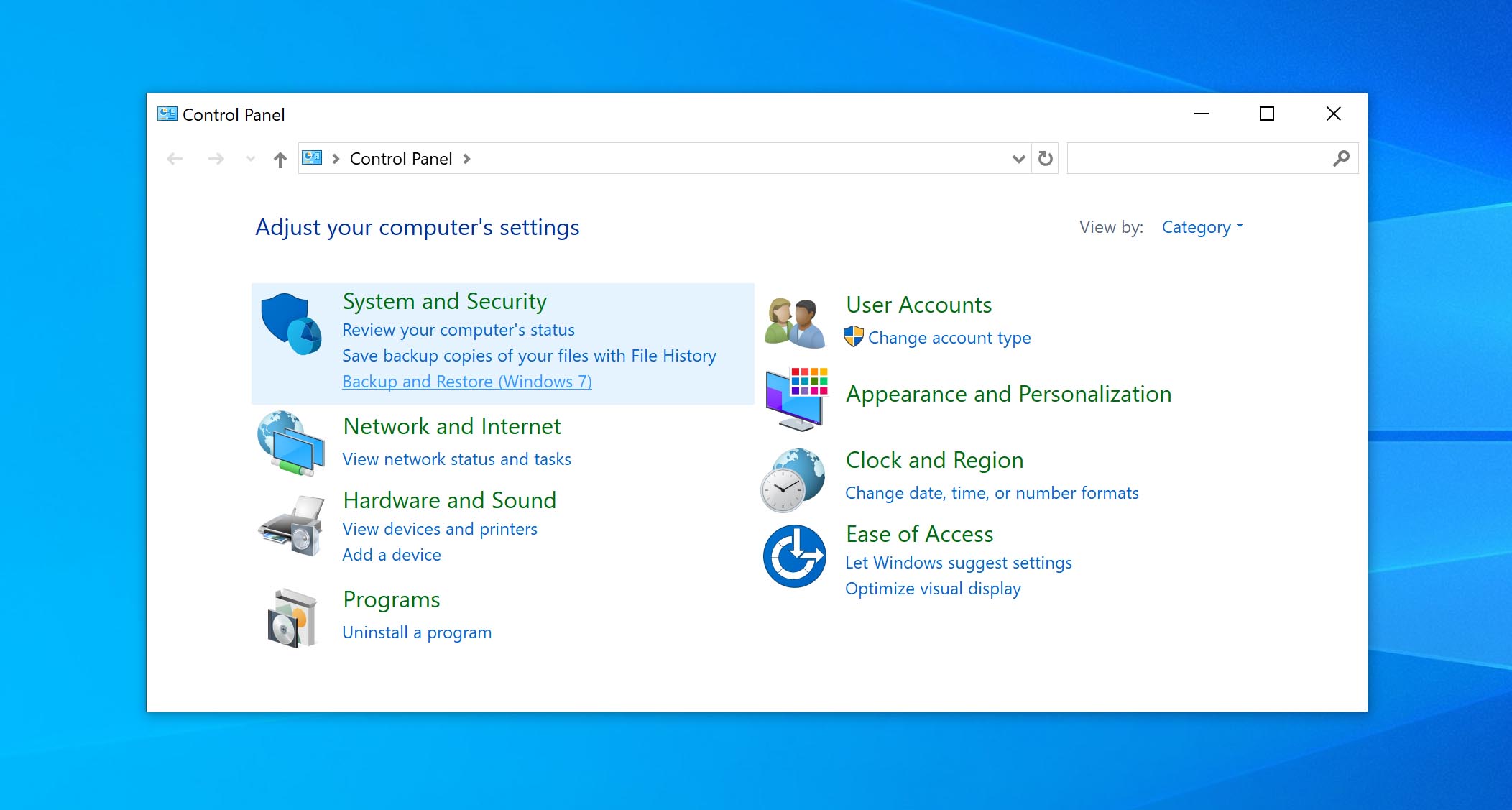 open backup and restore in control panel