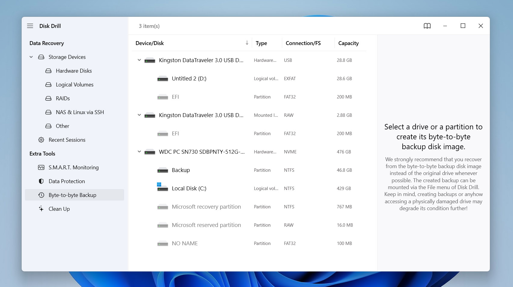 open drive backup tool in disk drill