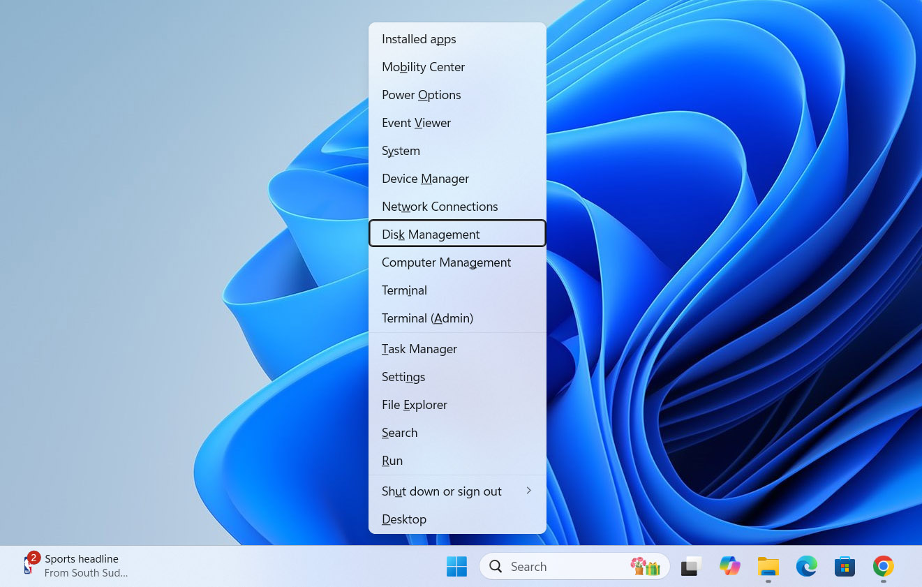 run disk management tool