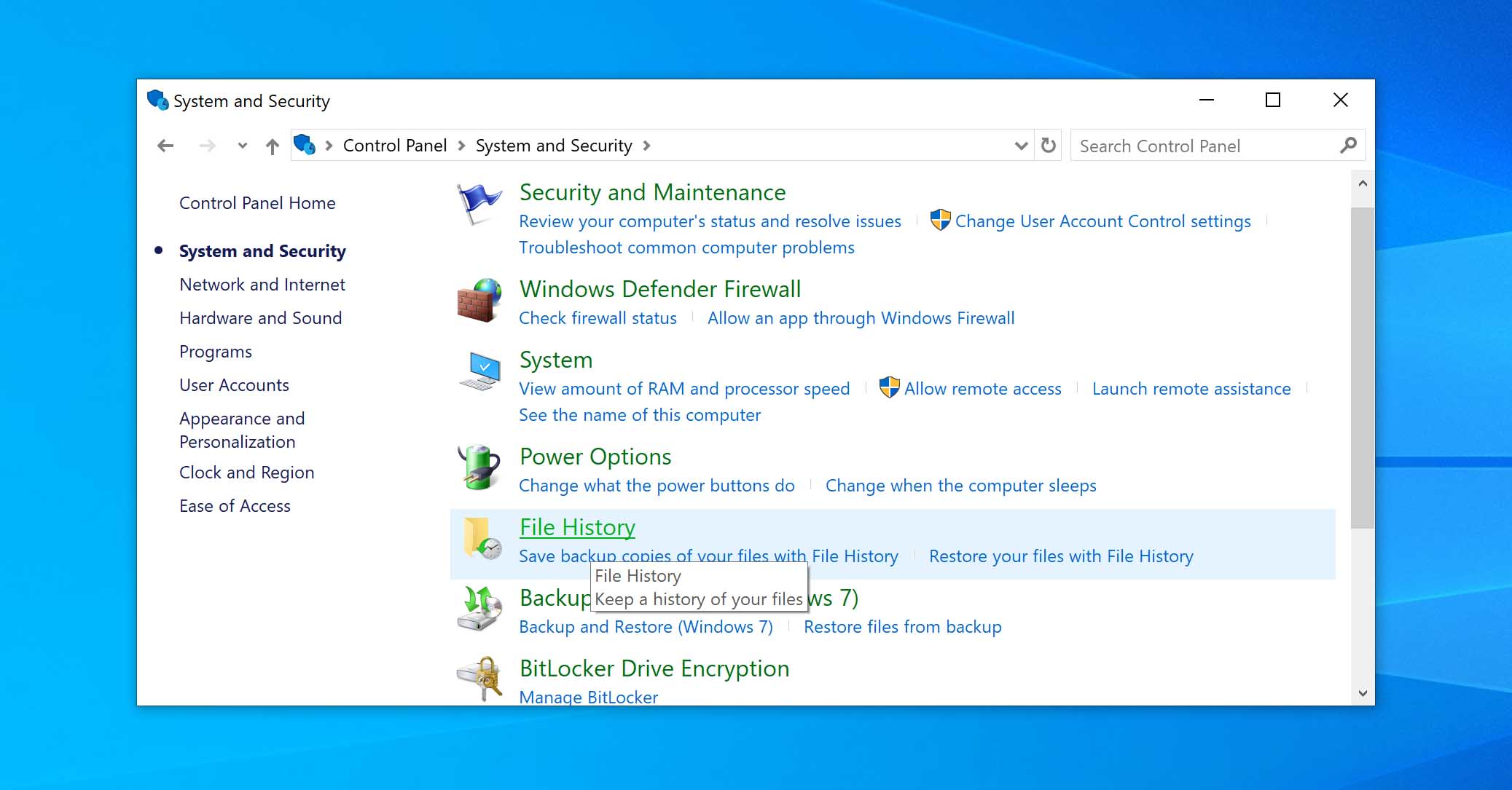 open file history in control panel