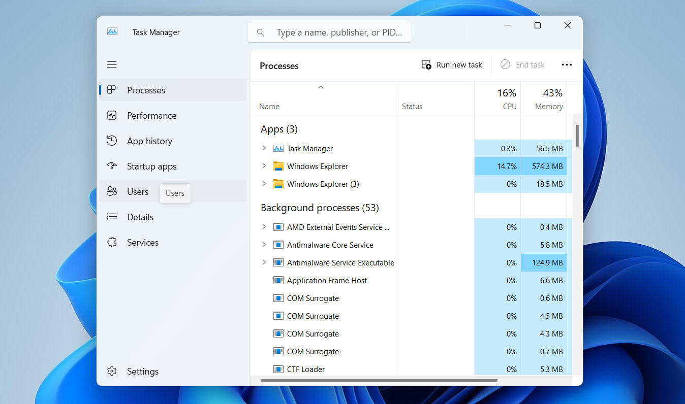 open task manager and users section