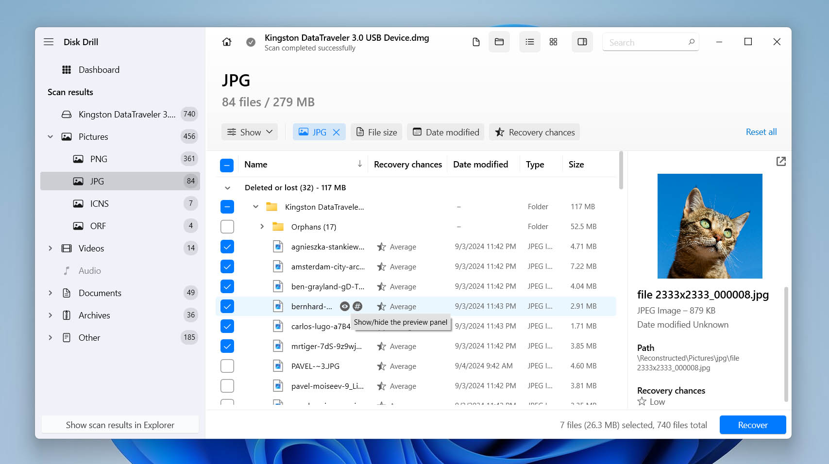 preview and select files for recover
