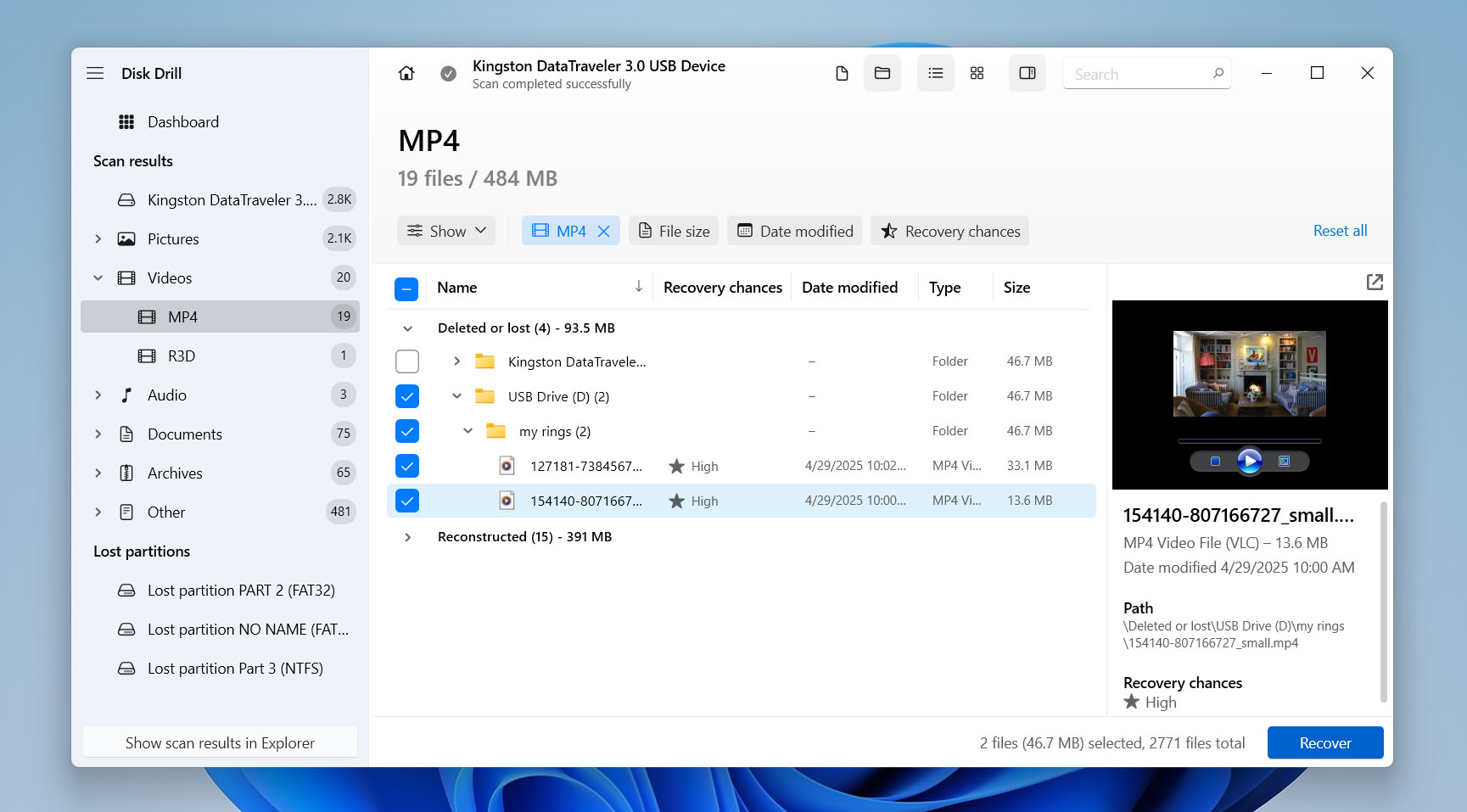 preview and select files in scan results
