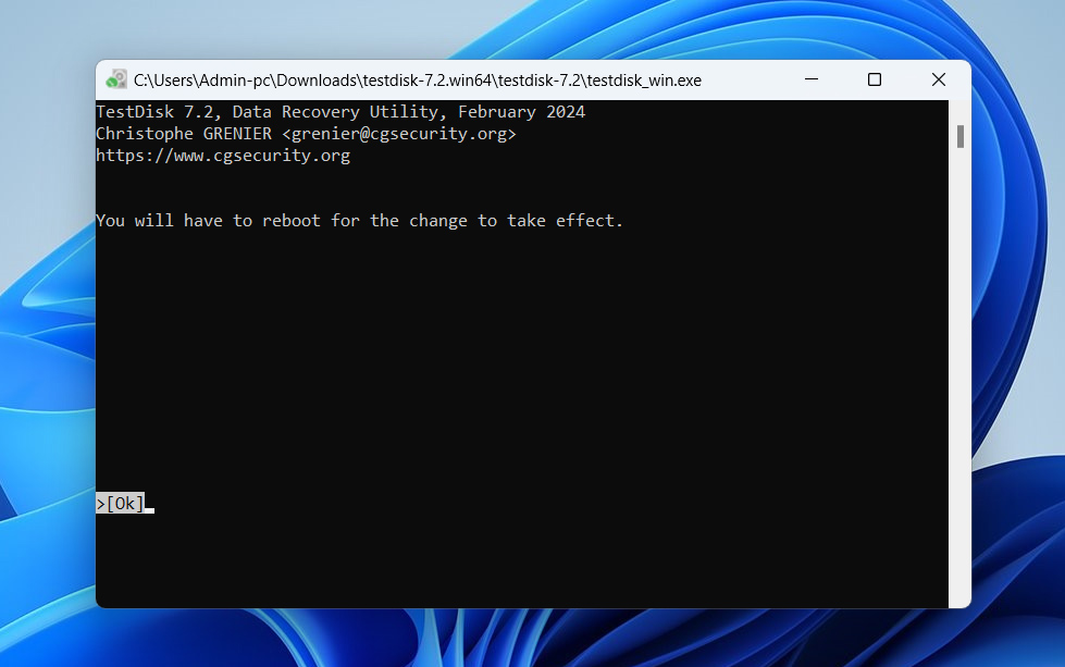 reboot pc after testdisk changes