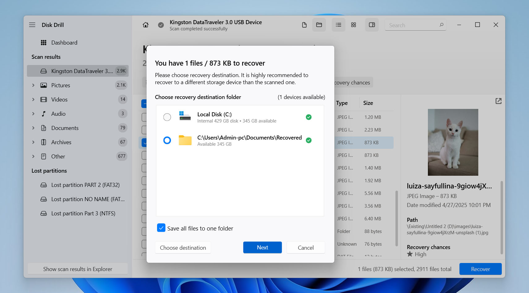 choose recovery location for files