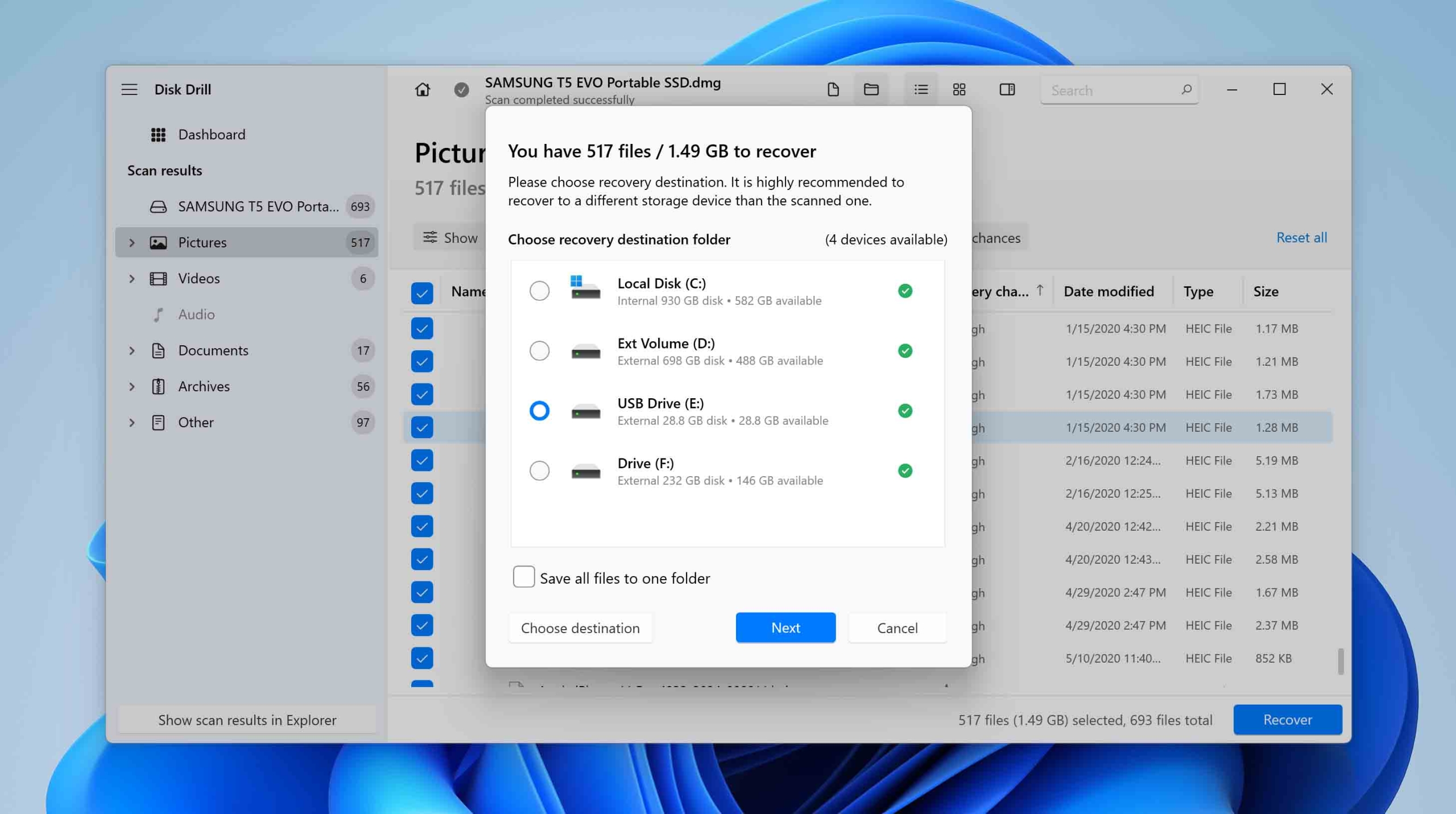 select a path to save the recovered files 