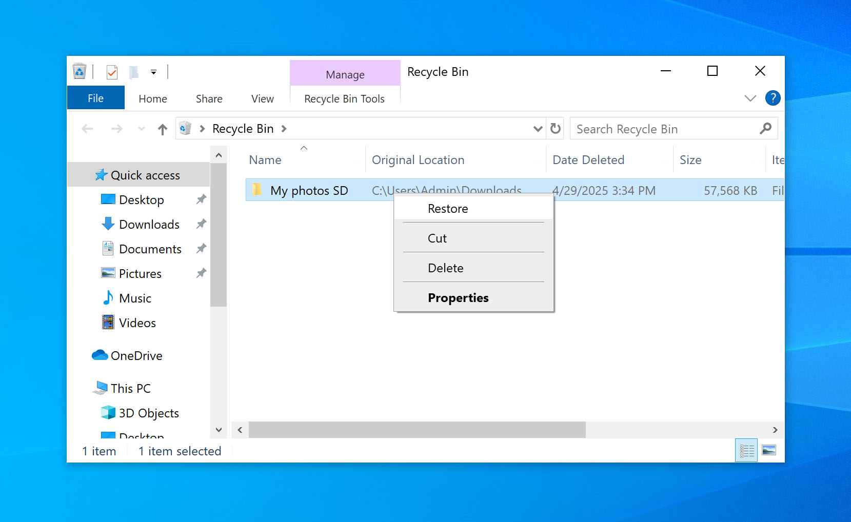 restore folder form recycle bin