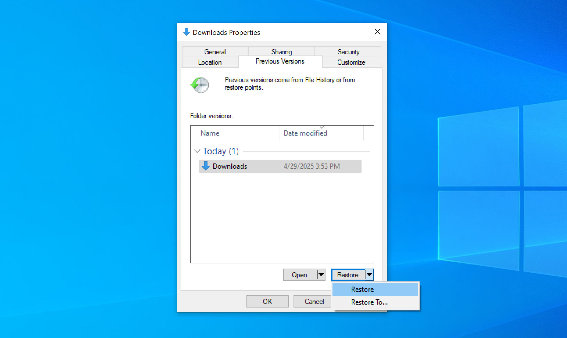 restore previous version folder