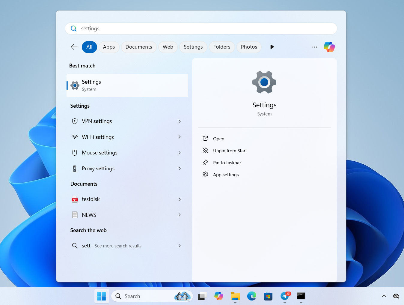 open settings on windows 11