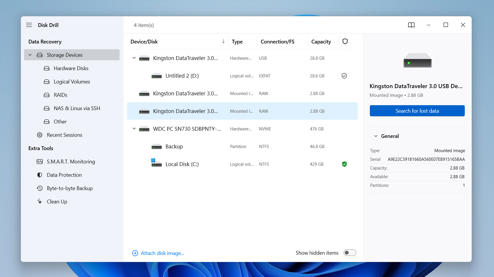 Select drive backup and start scan