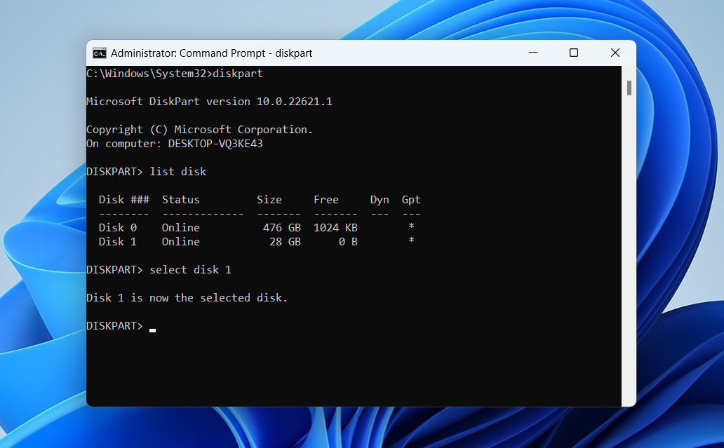select disk in diskpart