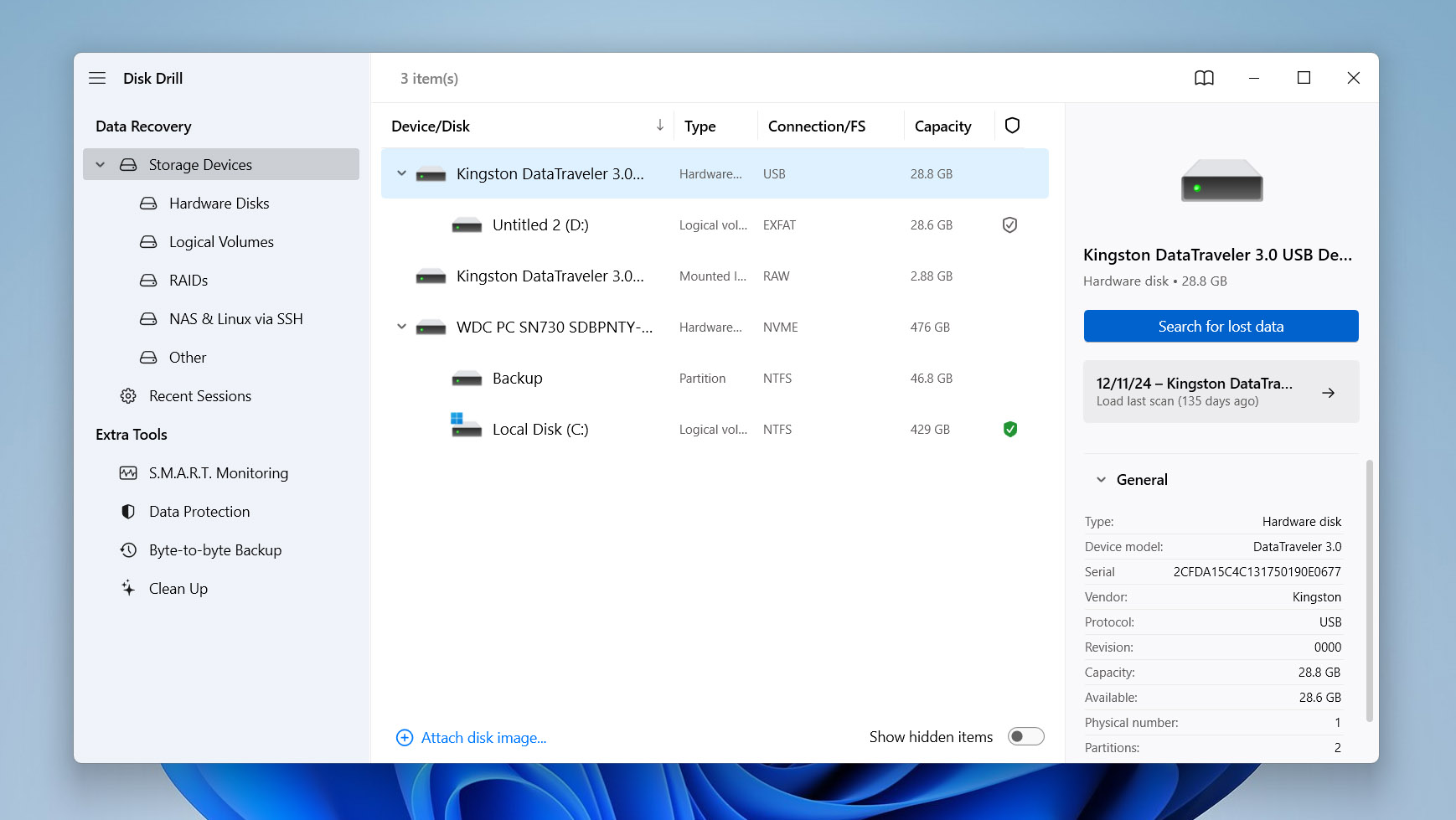 select drive and start scan with disk drill