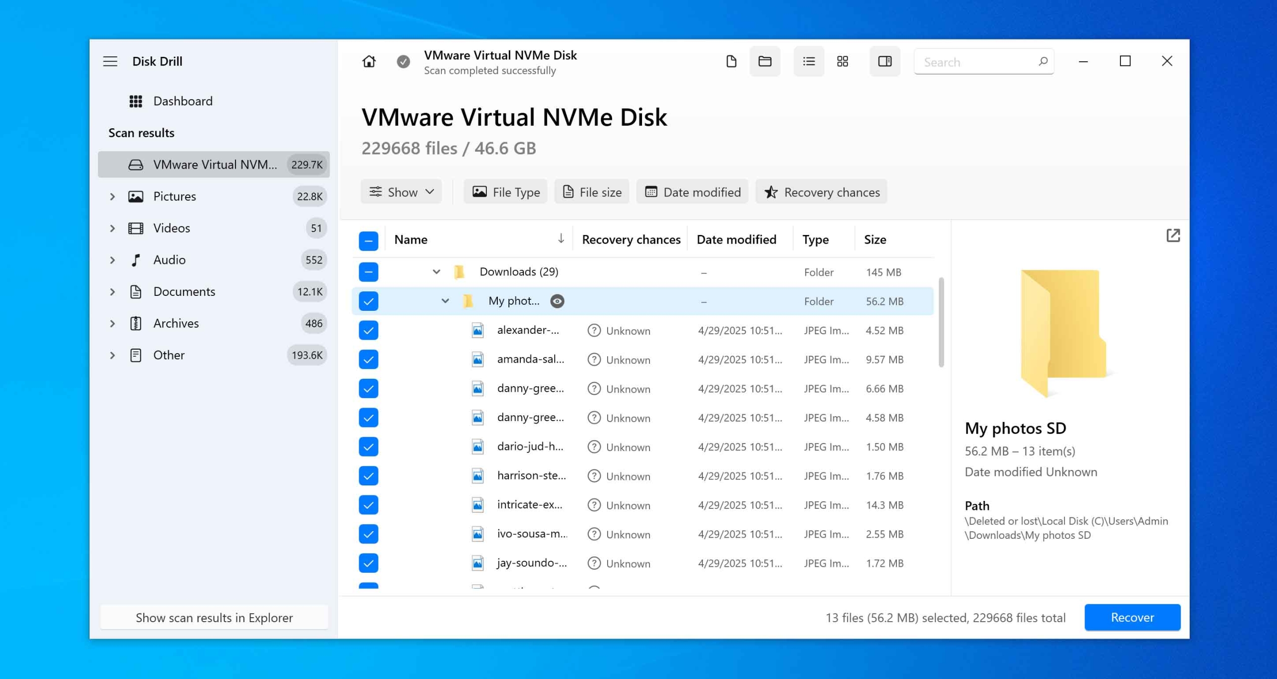 select folder for recover in disk drill