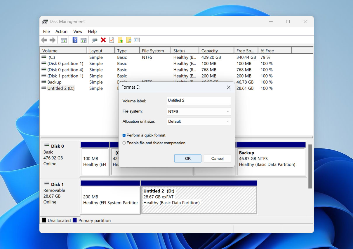 configure format settings in disk management
