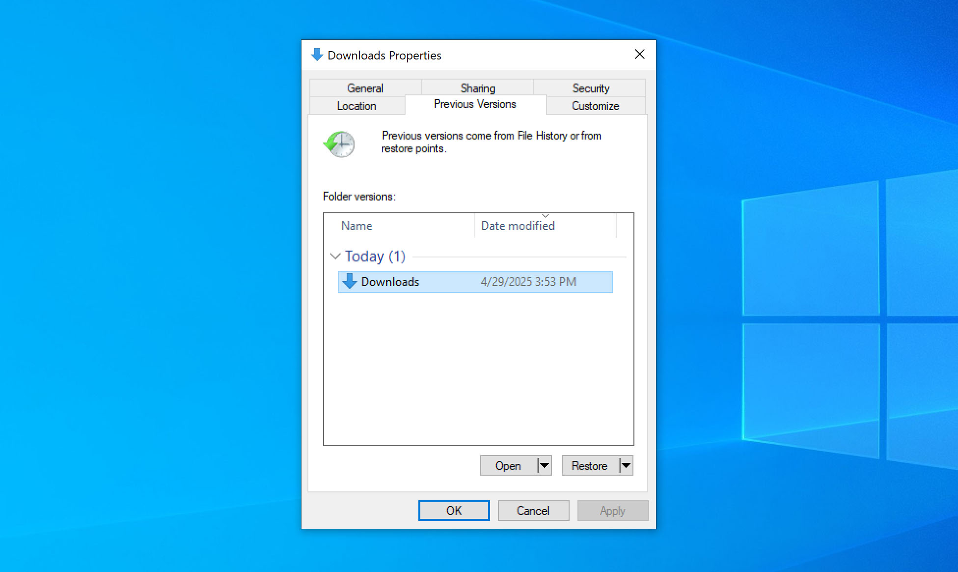 select previous version backup
