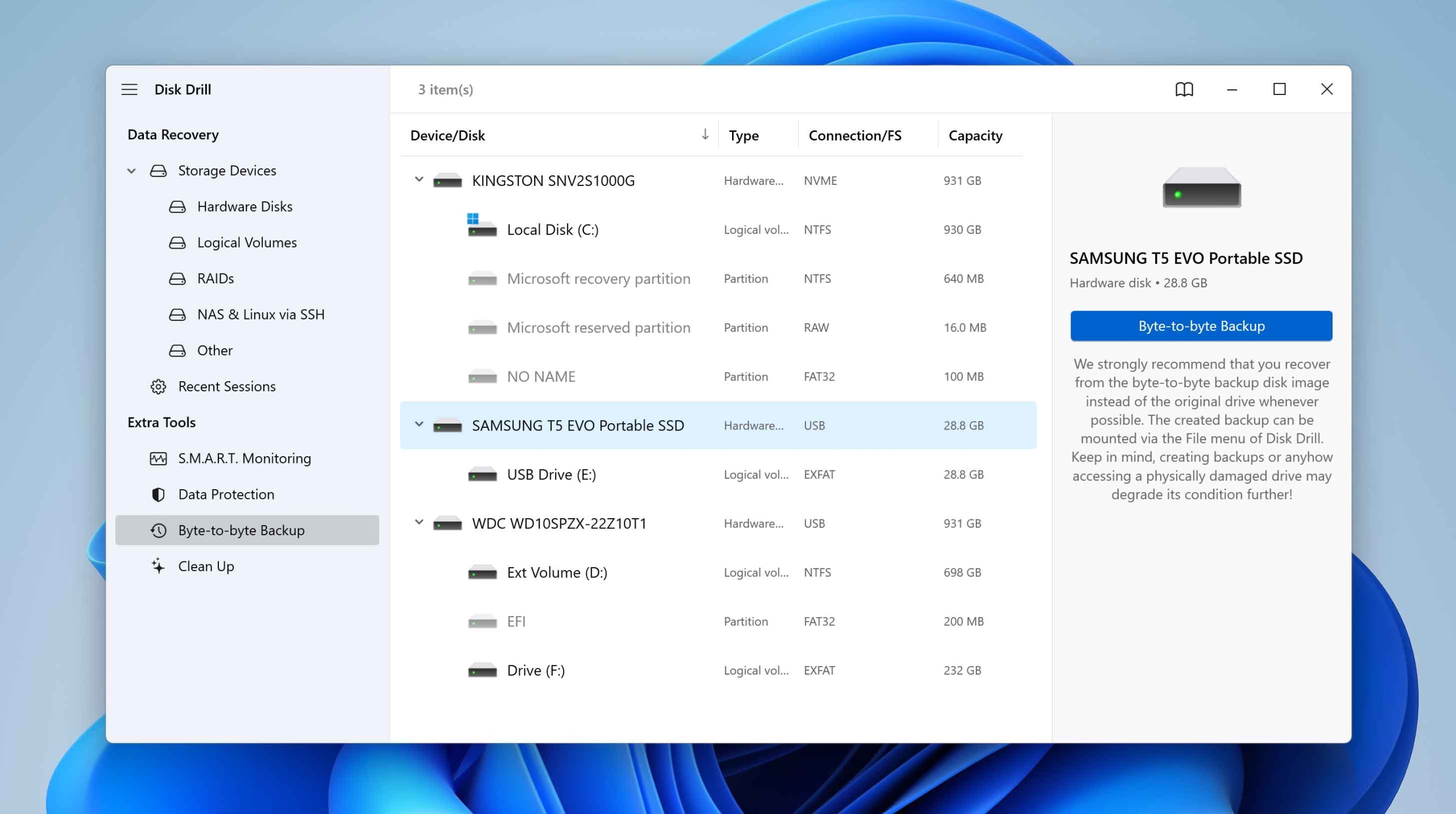 select a disk to create a byte-by-byte copy