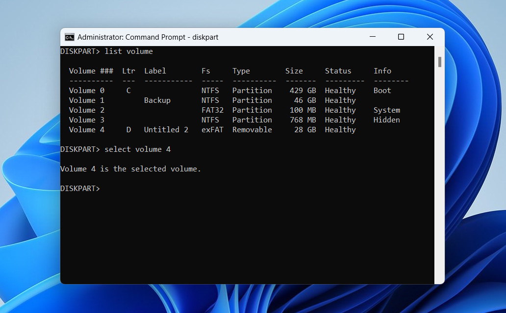 select volume in diskpart