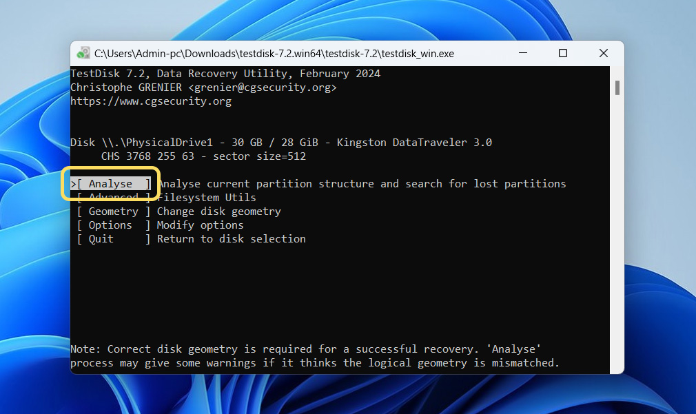 analyse drive with testdisk