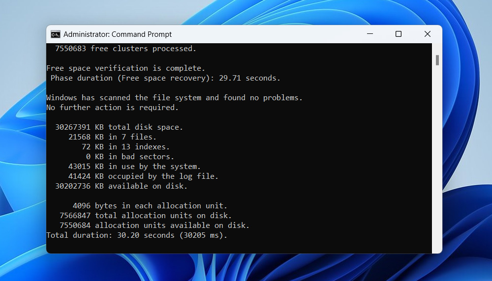 chkdsk command result