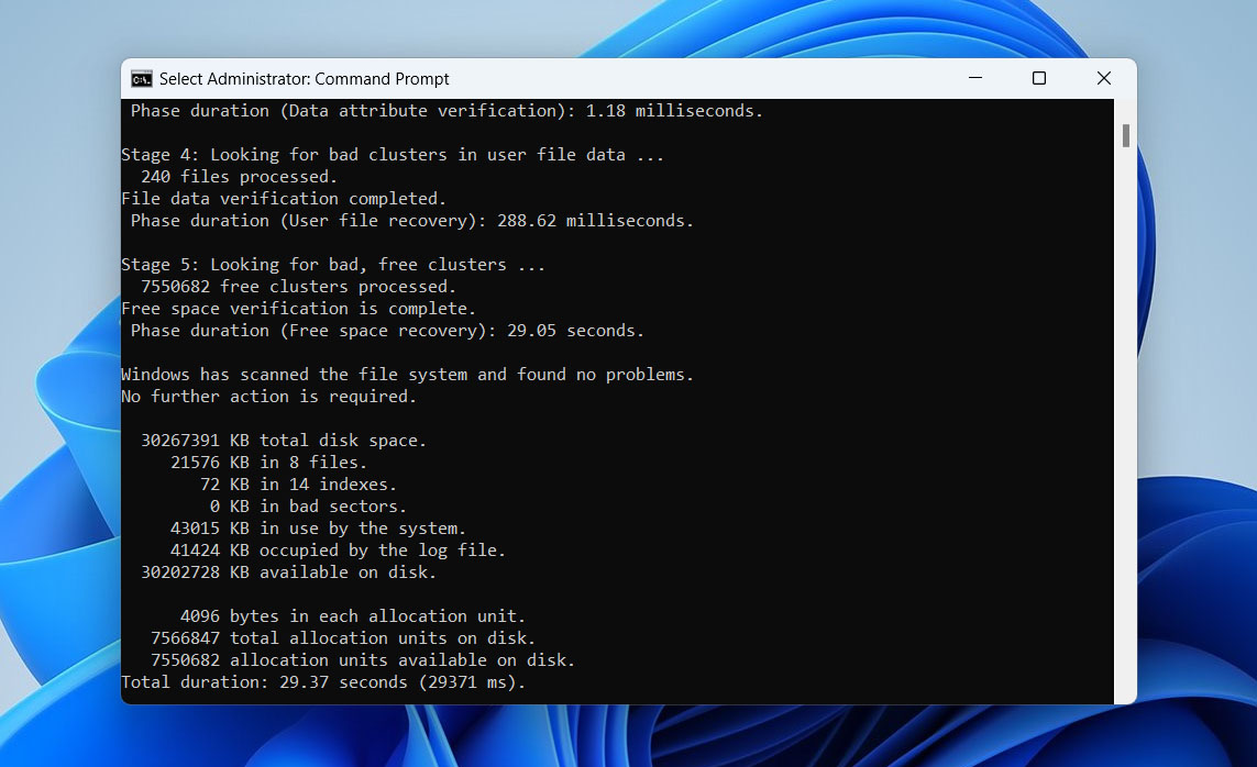 results of executing the chkdsk command