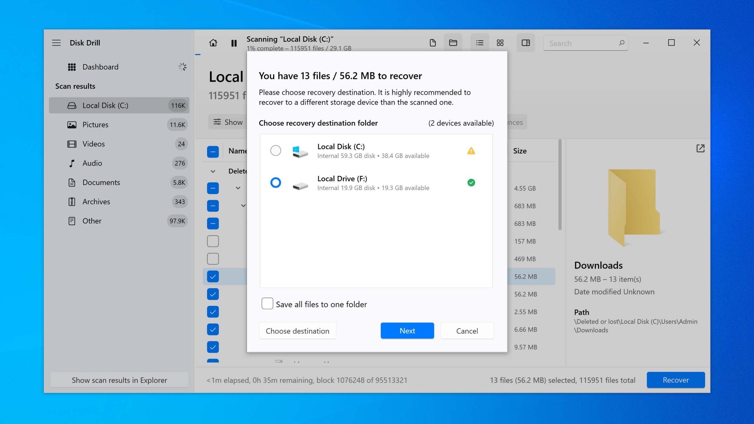 choose recovery folder for downloads folder and files