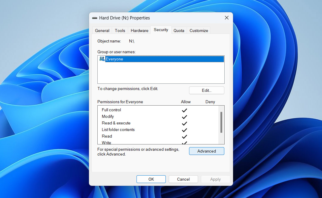 open drive security tab