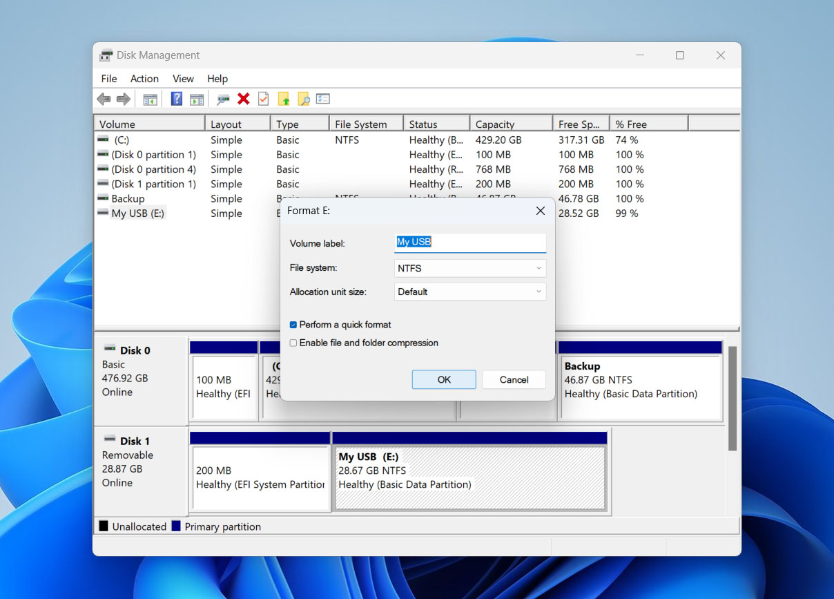configure format options in disk management