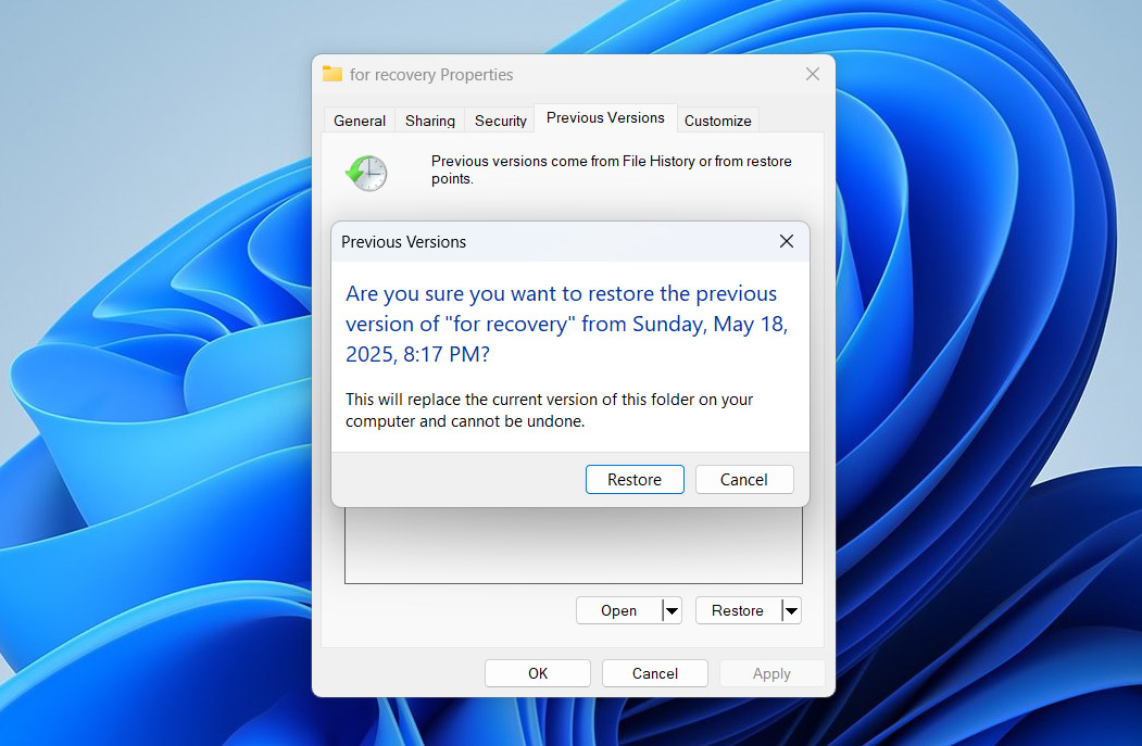 confirm folder restore