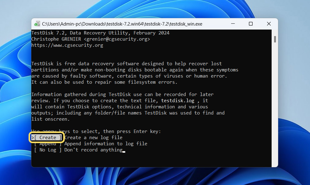 create log file in testdisk