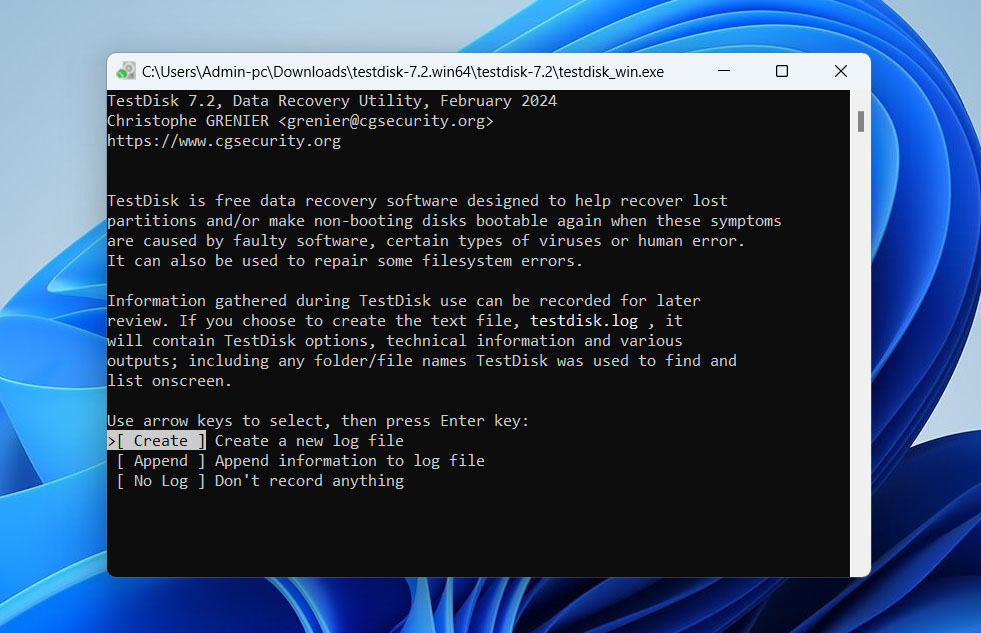 create log file in testdisk