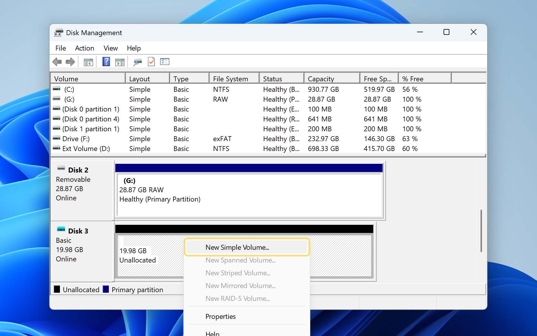 create new simple volume