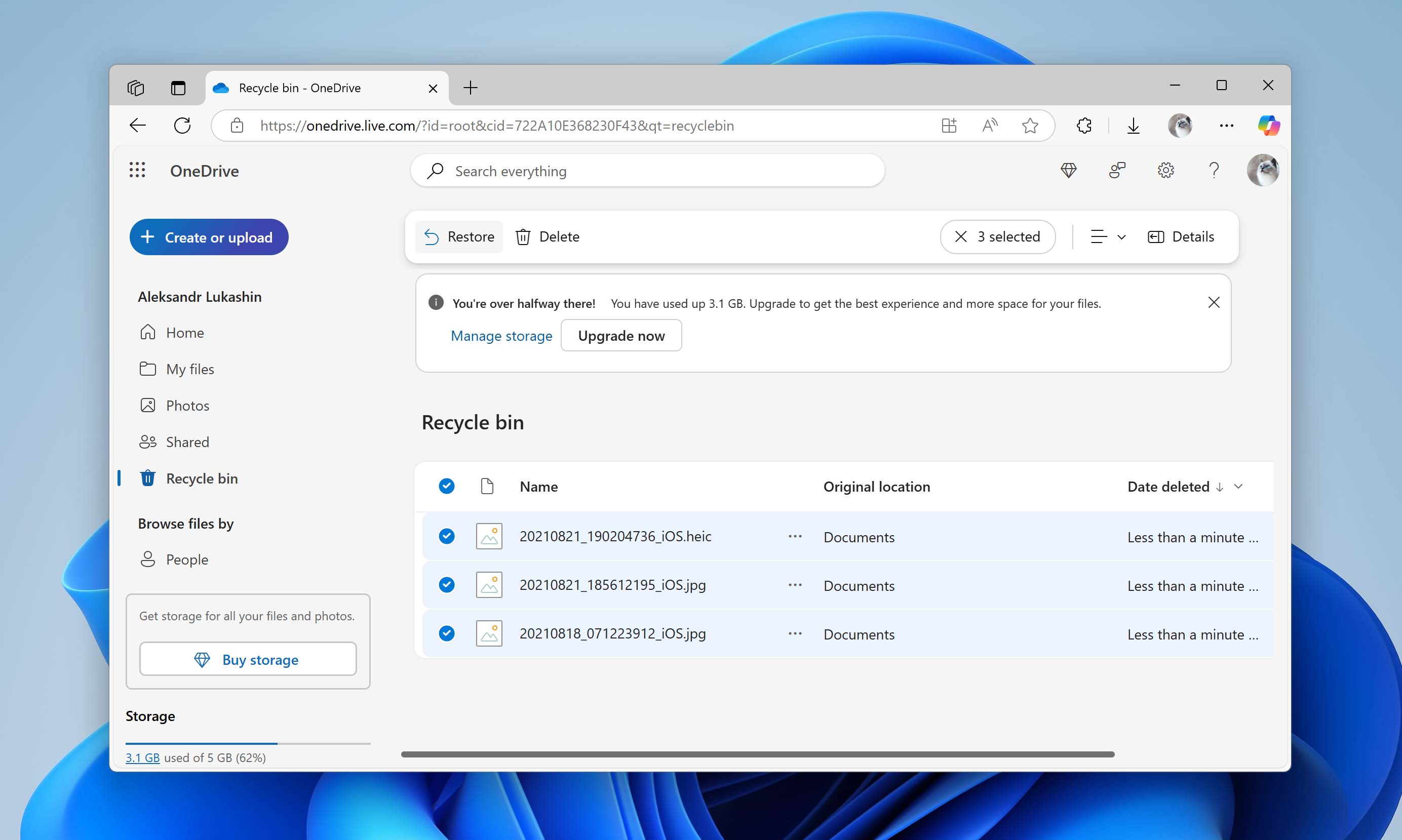 restore files from onedrive recycle bin