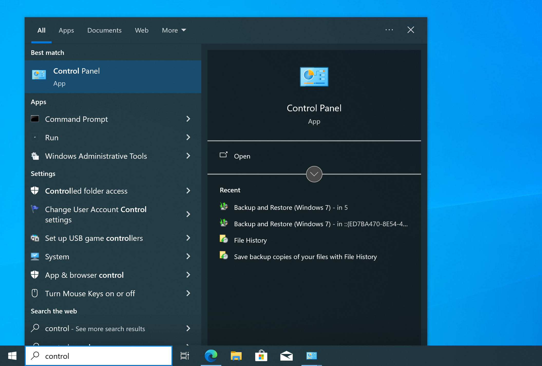 open control panel on windows 10