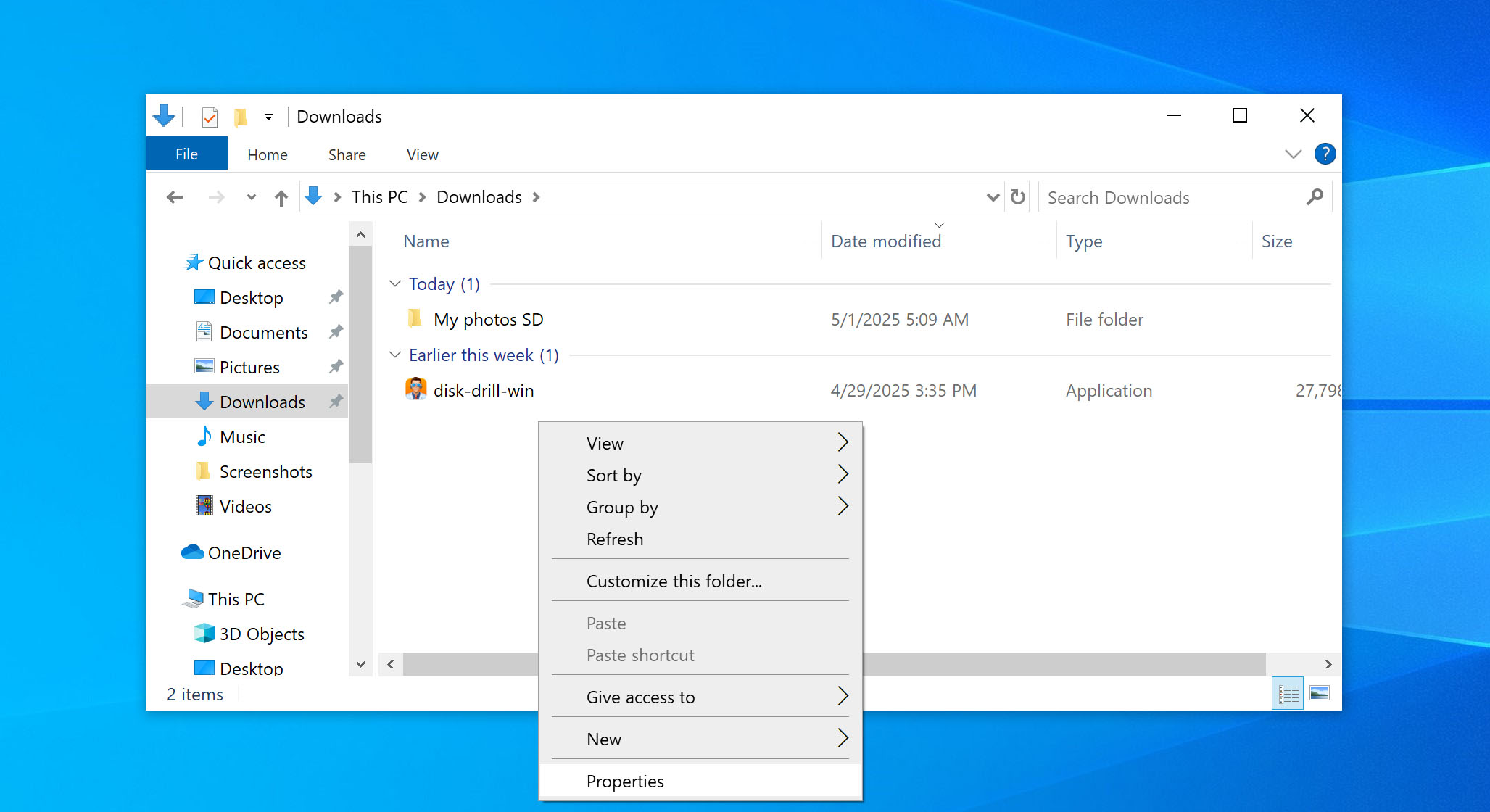 open downloads folder properties