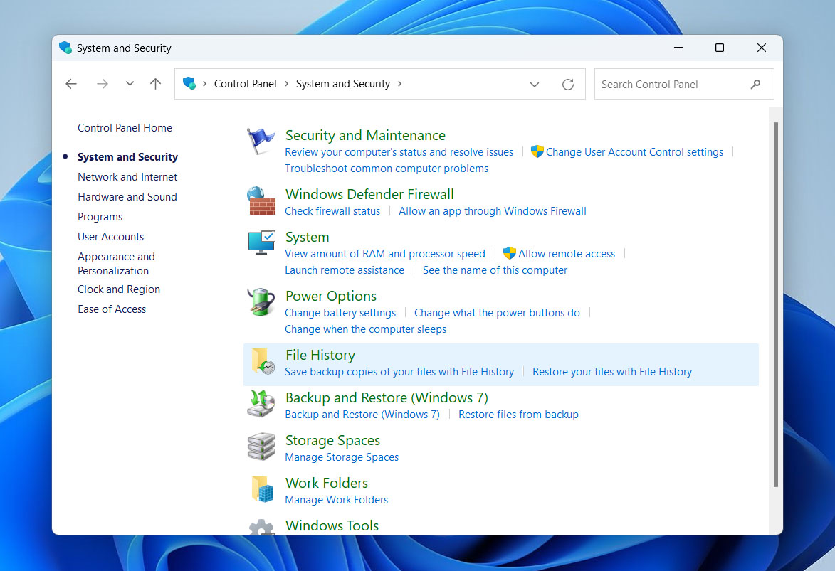 open file history in control panel