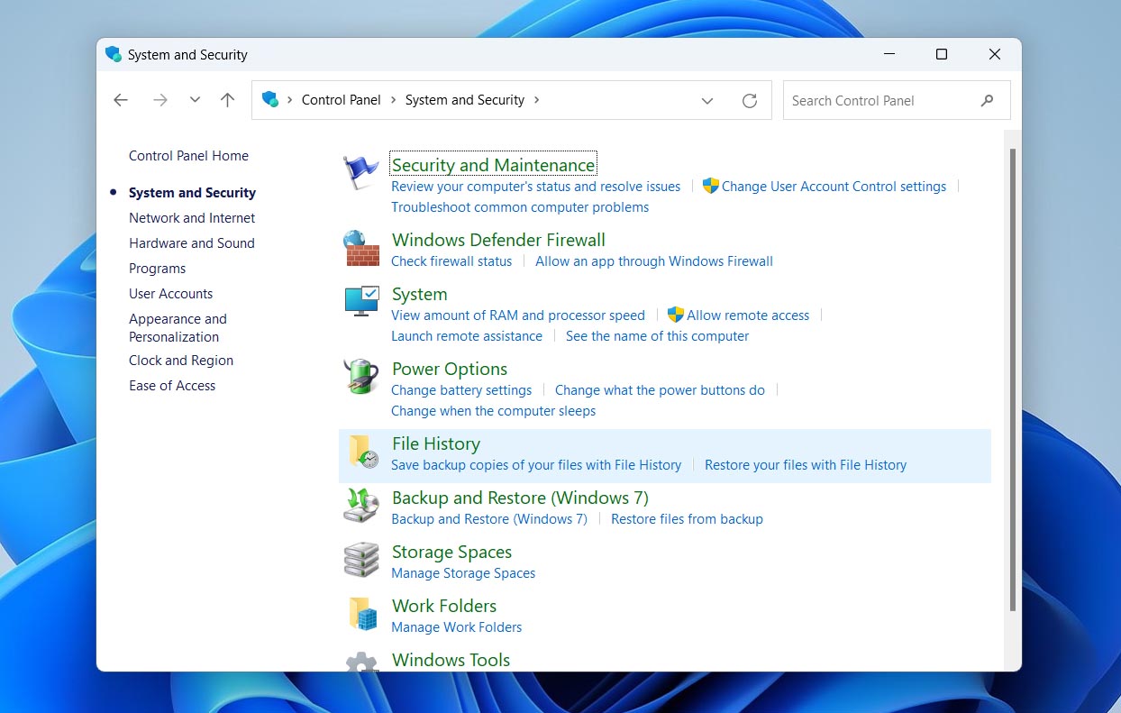 open file history in control panel