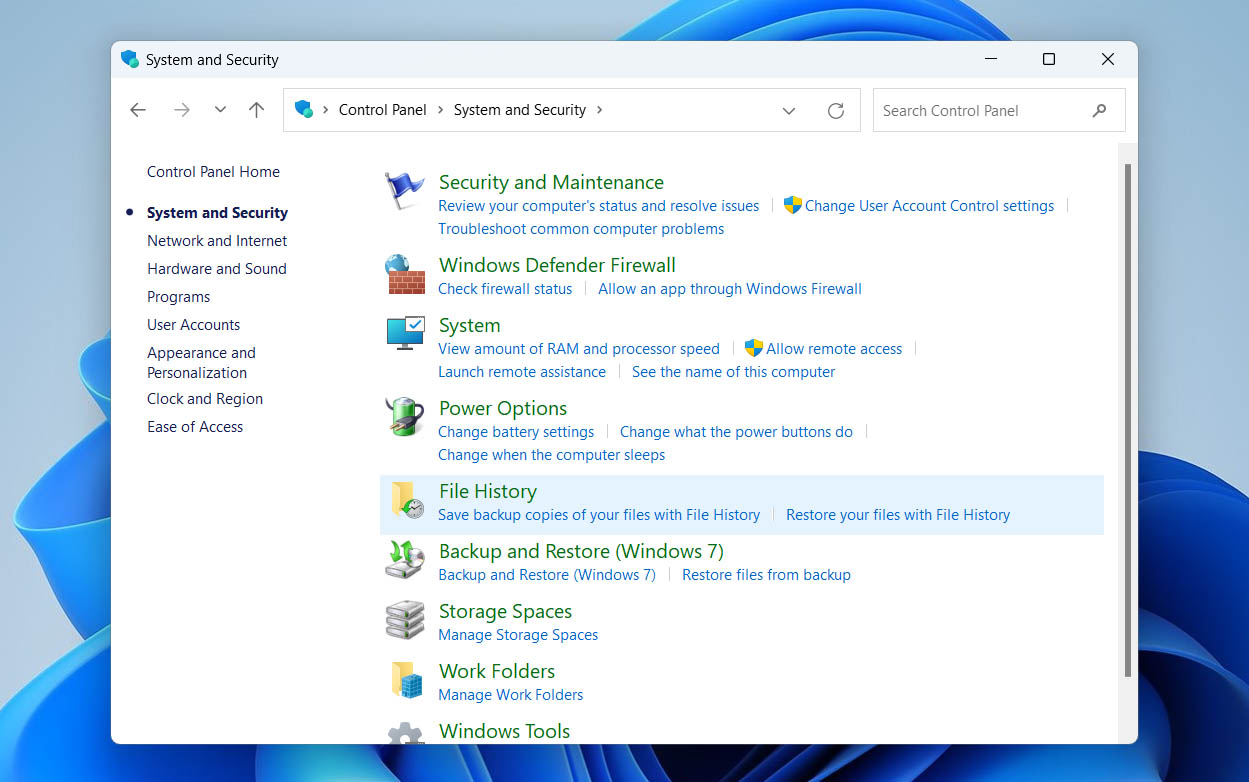open file history in control panel