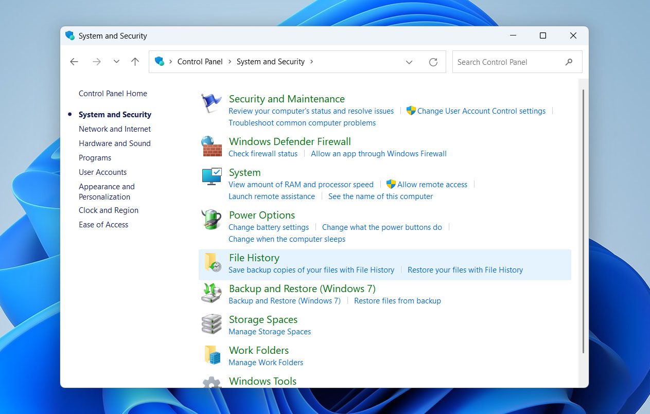 find file history in control panel