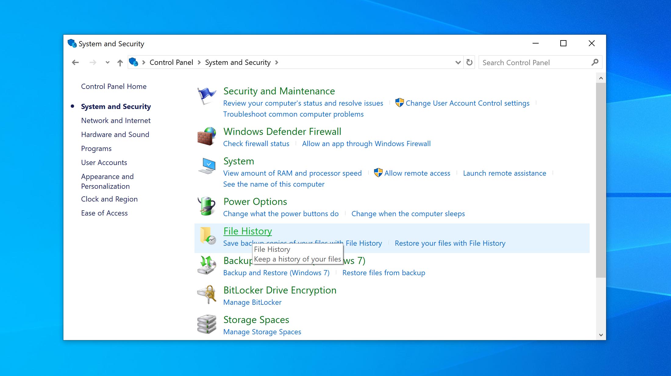 click on file history in control panel window