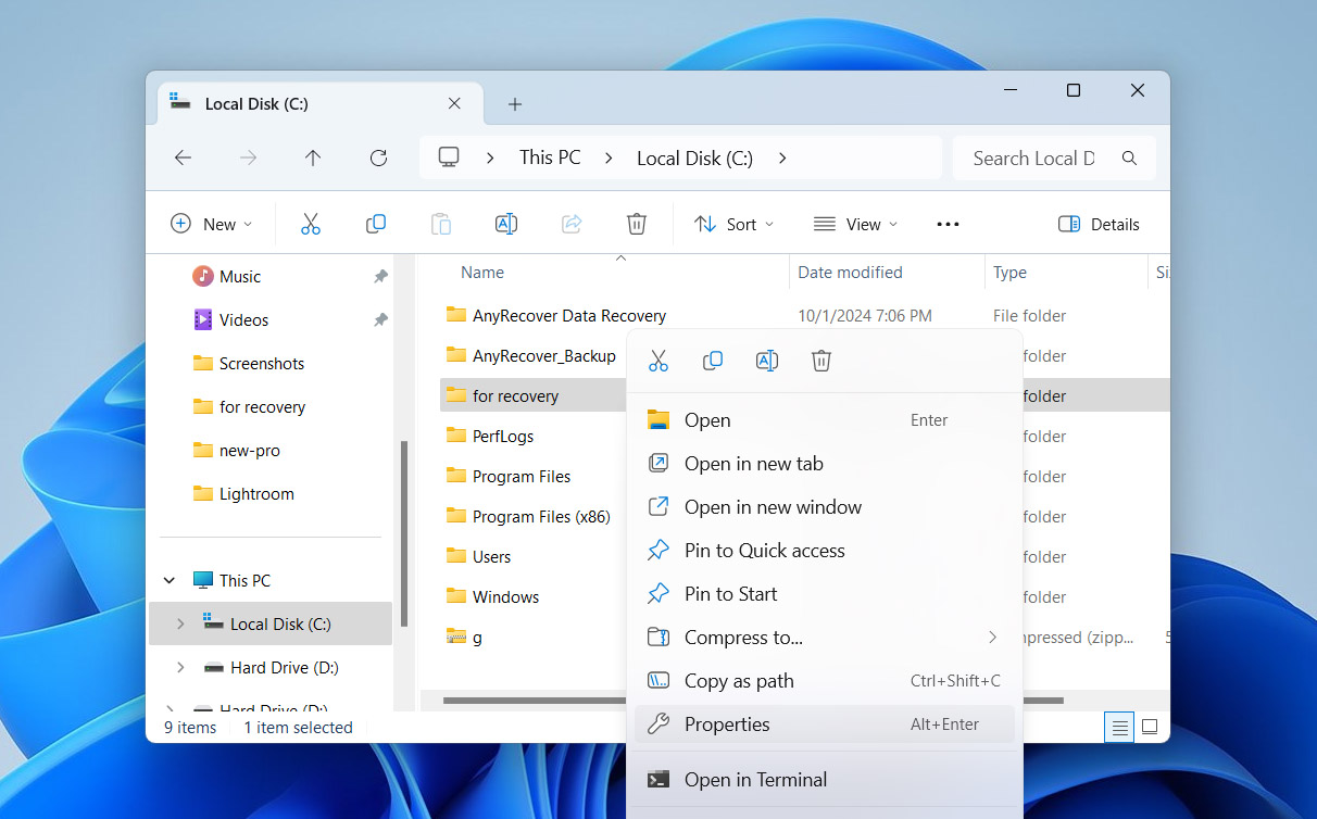 open folder properties