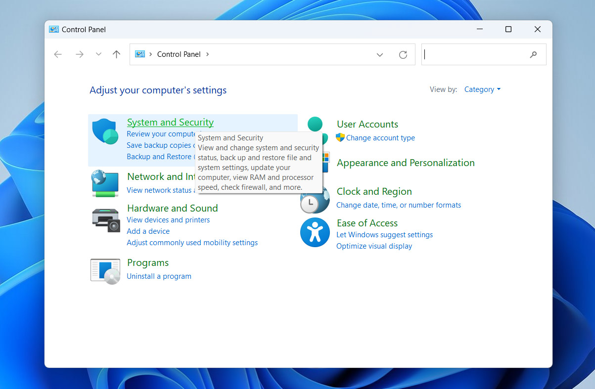 open system and security in control panel